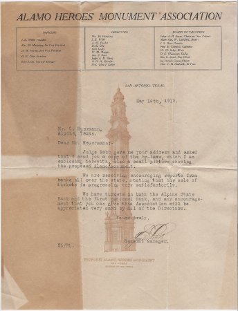 Alamo Heroes Monument Association from Emil Locke to C. Heuermann 5/14/1913