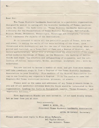 Blank Historic Landmarks Association Member Letter - 1912