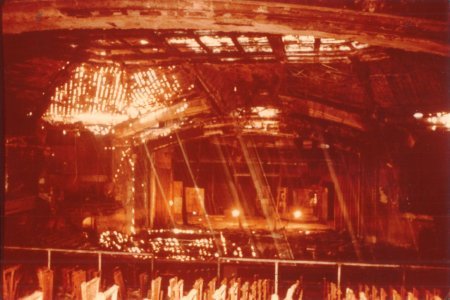 Daylight shines into the damaged interior, 1979.