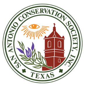 Color logo for the San Antonio Conservation Society, featuring all-seeing eye, wild olive branch, and mission tower