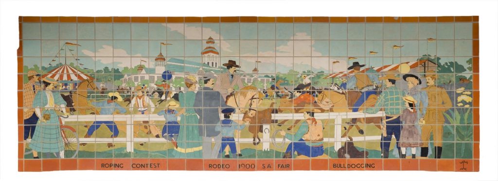 WPA tile mural at Alamo Stadium depicting a roping contest at a fairgrounds