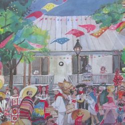 Watercolor poster showing Night in Old San Antonio opening parade past Dashiell House in La Villita.