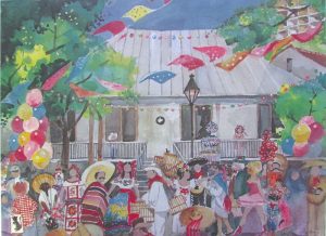 Watercolor poster showing Night in Old San Antonio opening parade past Dashiell House in La Villita.