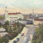 Color postcard of Alamo Plaza, c. 1911