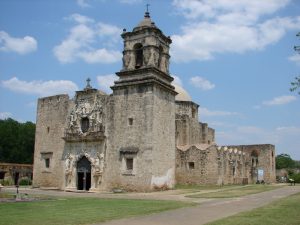Front (west) and south facade of church at Mission San Jose.