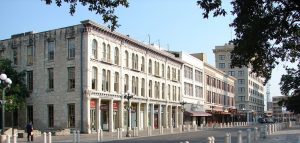 The historic buildings on the west side of Alamo Plaza: Crockett Block, Palace Theater, Woolwort Building