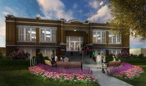 Ford, Powell & Carson color rendering of the front of a rehabbed Beacon Hill School.