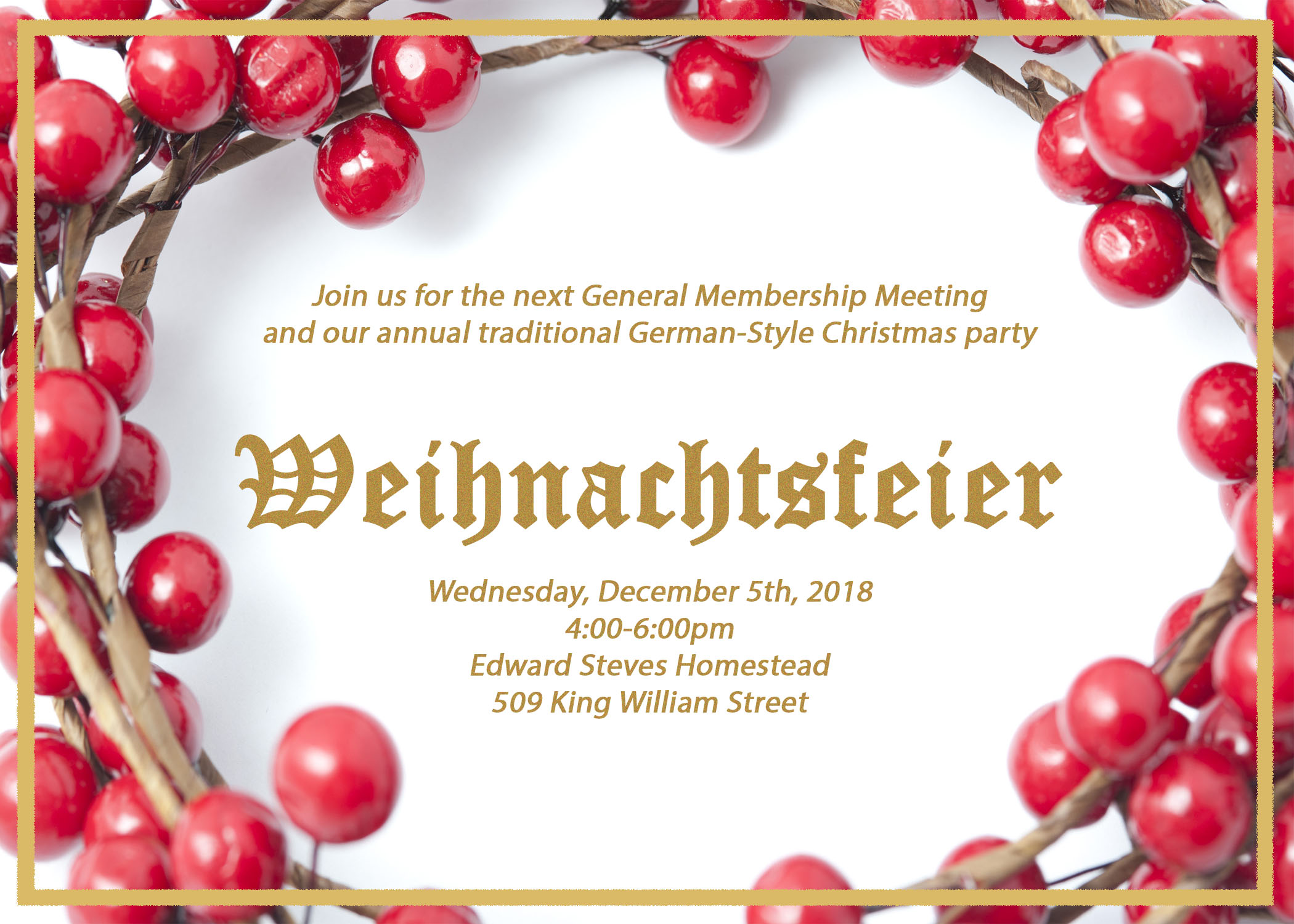 Join us for our annual general membership meeting and traditional German Christmas Party on December 2 from 4-6pm at the Steves Homnestead, located at 509 King William Street, San Antonio TX 78204