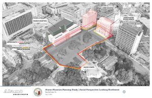 Aerial perspective of Alamo Plaza looking northwest towards Crockett and Woolworth with concept museum addition