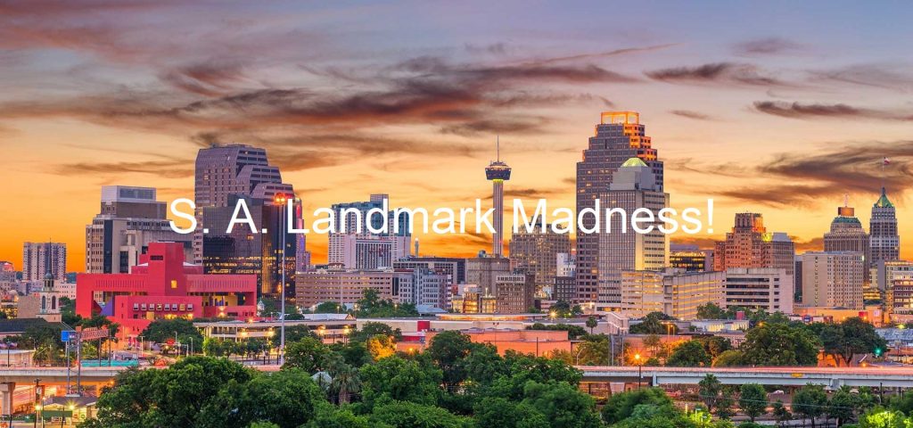 S.A. Landmarks Madness! title over San Antonio skyline.