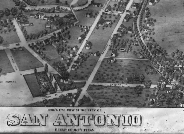 Close-up of houses, streets, and map title from 1873 bird's-eye view map of San Antonio, Texas