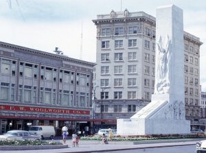 1966 photo of the Woolworth Building, Gibbs Building, and Alamo Cenotaph