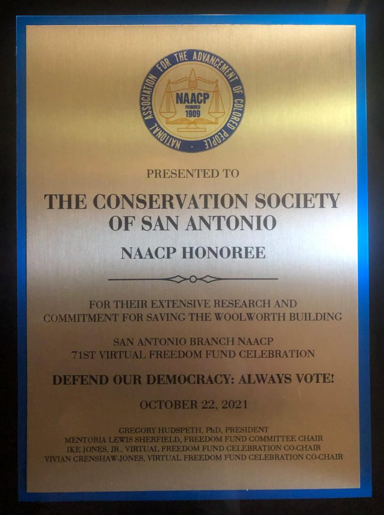 NAACP Honoree award plaque presented to the Conservation Society