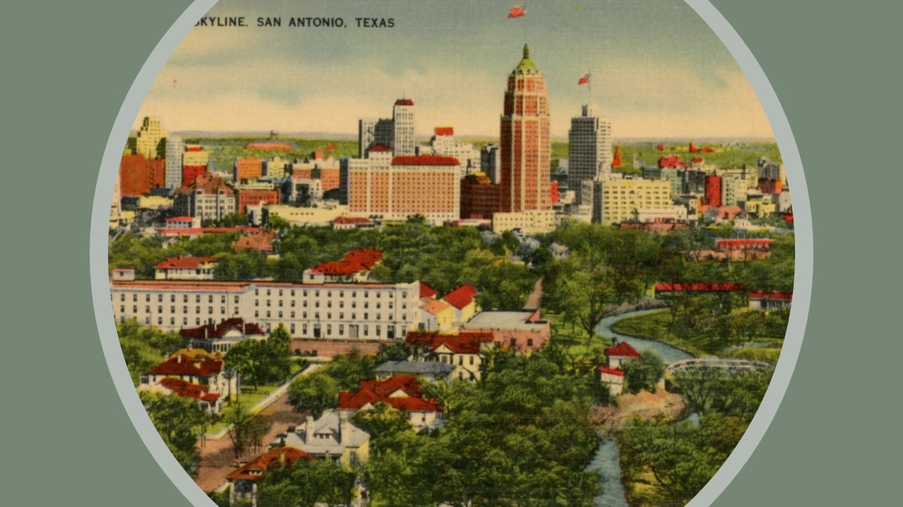 Vintage postcard of San Antonio skyline