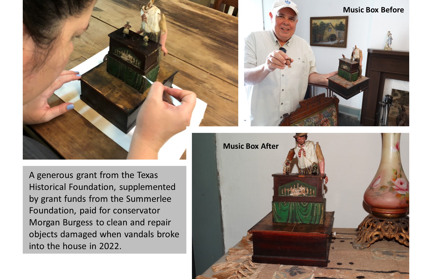 Morgan Burgess repairs an antique music box.