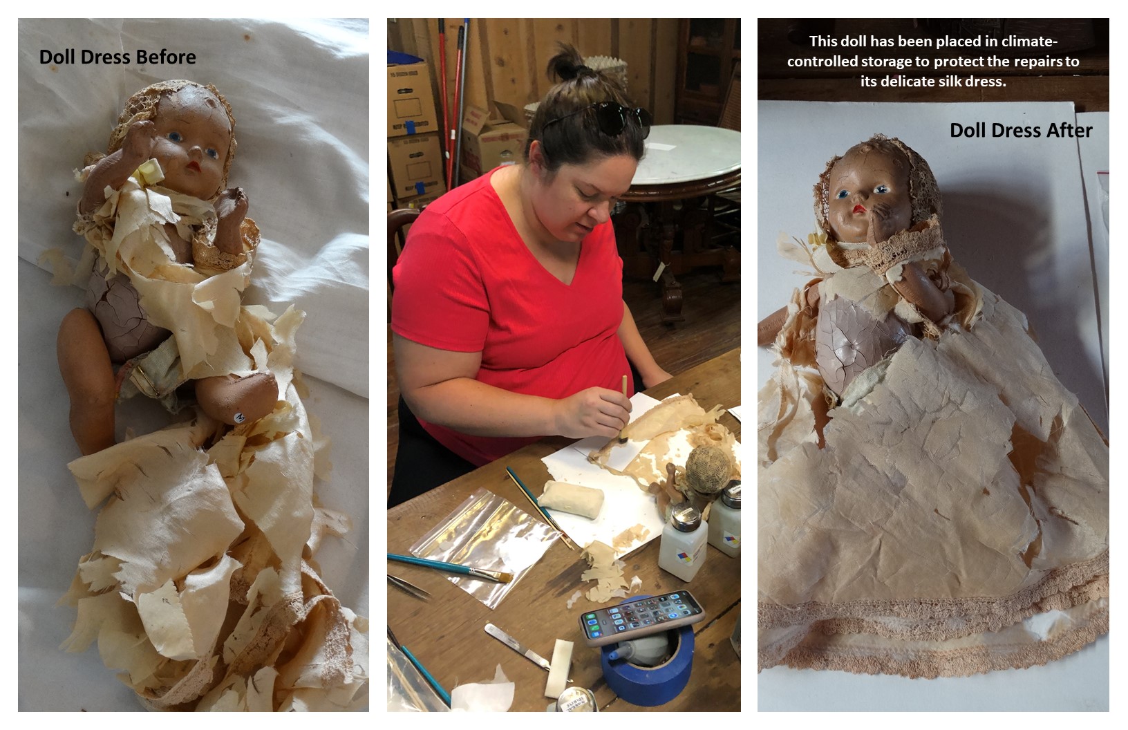 Morgan Burgess pieces a shredded doll's dress back together..