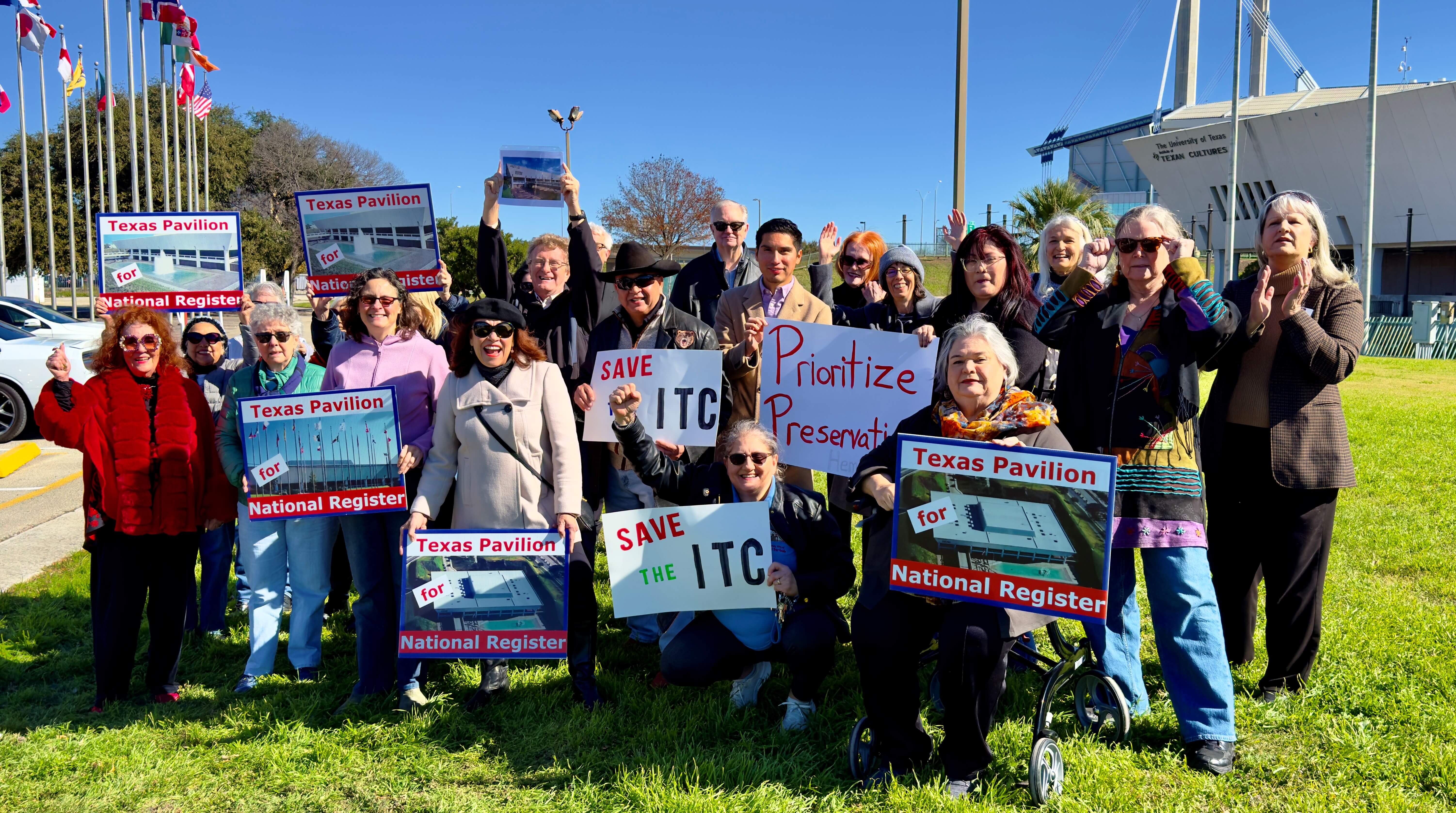 Supporters rally at the Texas Pavlion/Institute of Texan Cultures building.